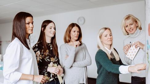 Frauen Team Brainstorming stehen Frauen Team Brainstorming stehen